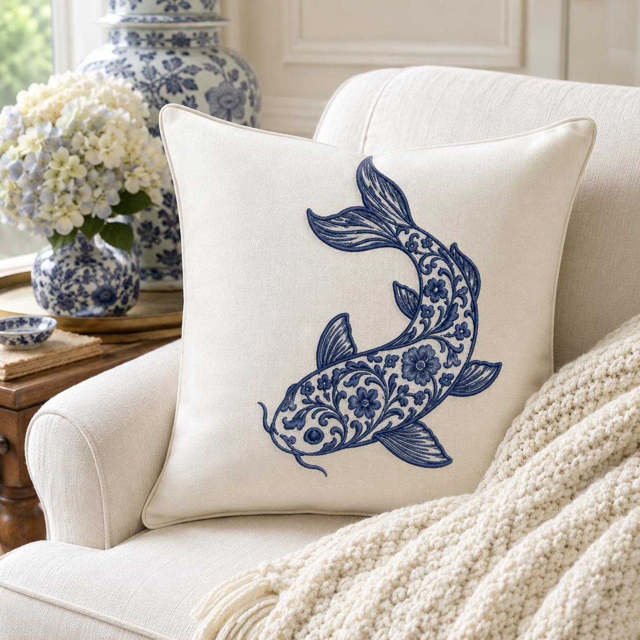 Chinoiserie Koi Fish Embroidery Design, Blue Floral Fish Machine Embroidery File, Asian Inspired Stitch Art, 5 sizes, Digital Download - image 3