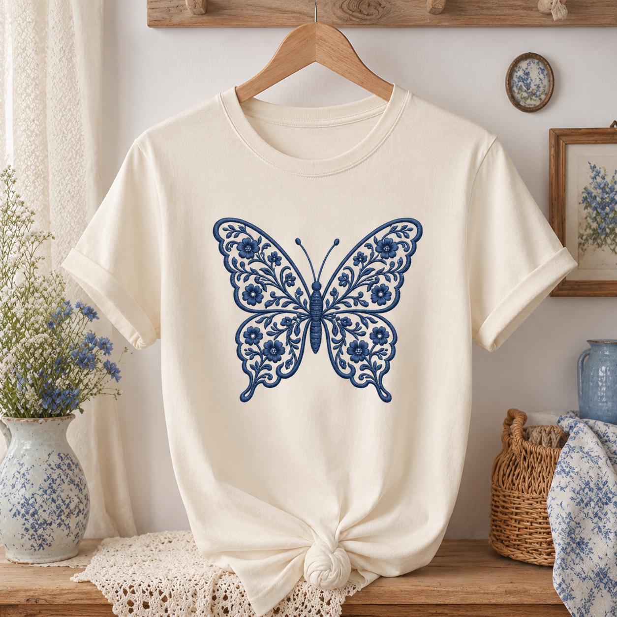 Chinoiserie Butterfly Embroidery Design, Blue Floral Butterfly Machine Embroidery File, Preppy Garden Stitch, 5 sizes, Digital Download - image 3