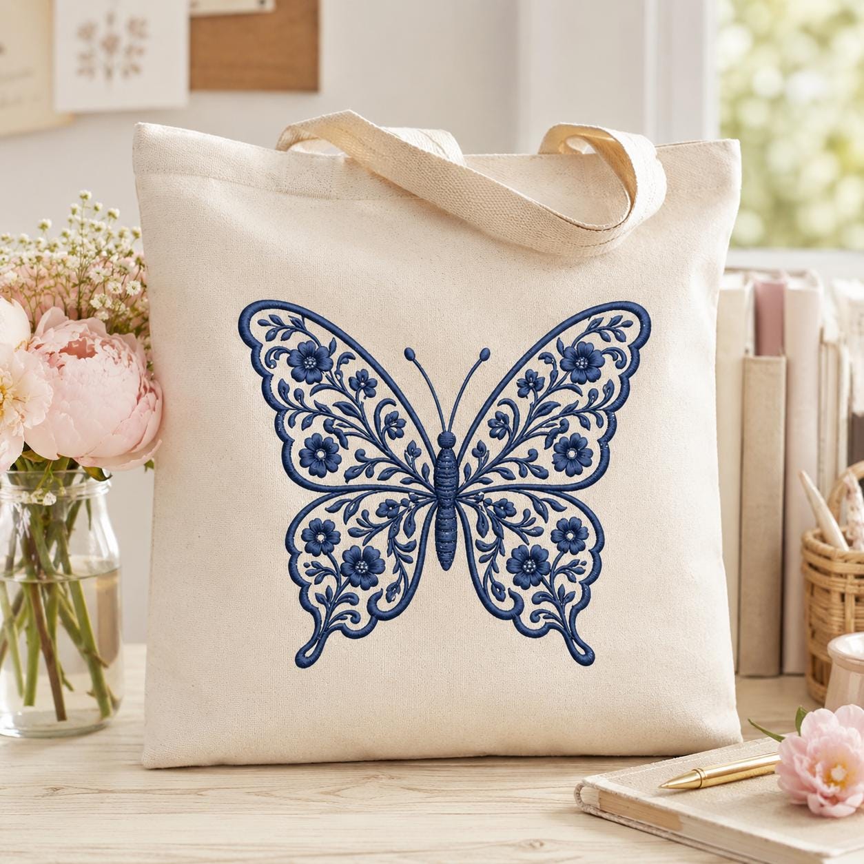 Chinoiserie Butterfly Embroidery Design, Blue Floral Butterfly Machine Embroidery File, Preppy Garden Stitch, 5 sizes, Digital Download - image 4