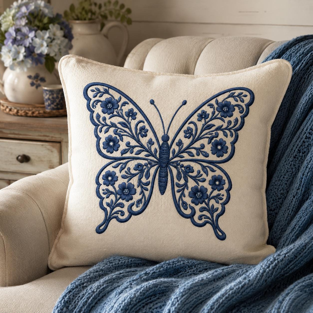 Chinoiserie Butterfly Embroidery Design, Blue Floral Butterfly Machine Embroidery File, Preppy Garden Stitch, 5 sizes, Digital Download - image 5