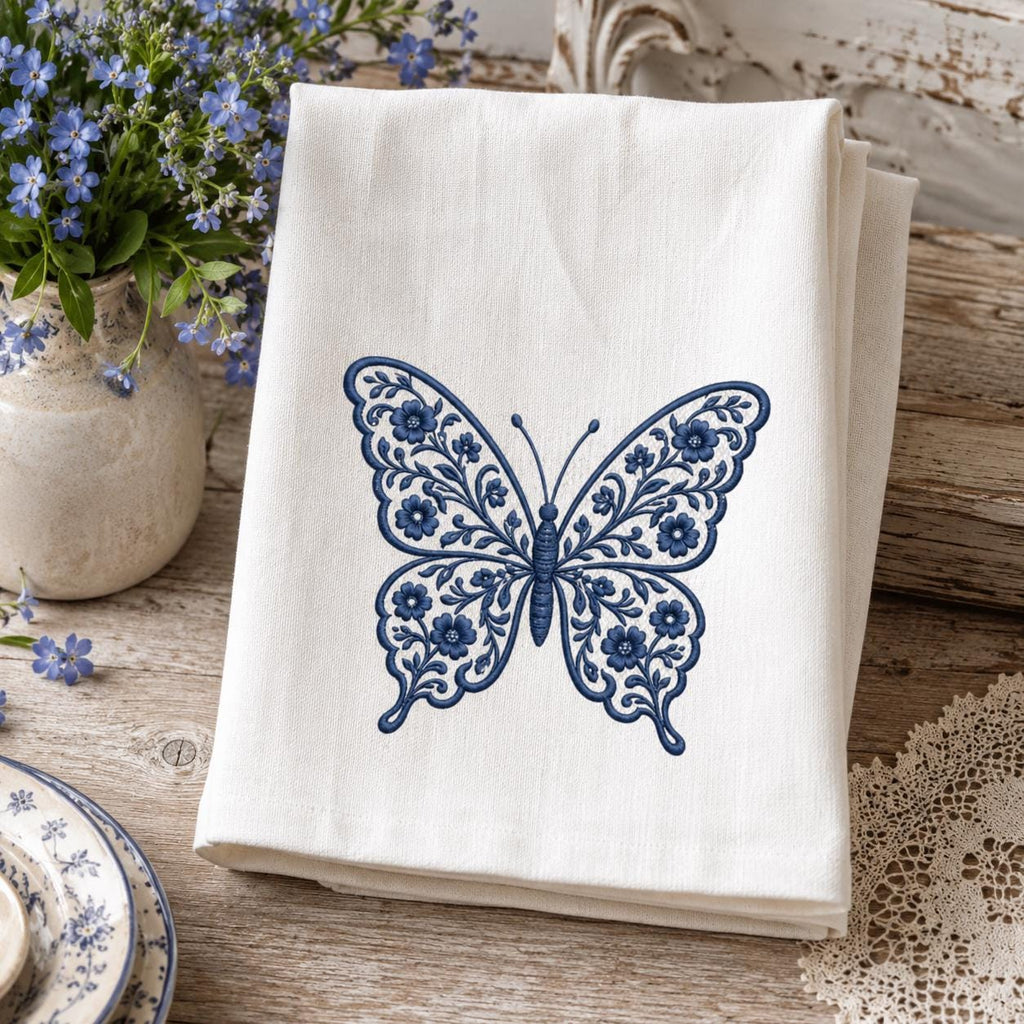 Chinoiserie Butterfly Embroidery Design, Blue Floral Butterfly Machine Embroidery File, Preppy Garden Stitch, 5 sizes, Digital Download - image 6