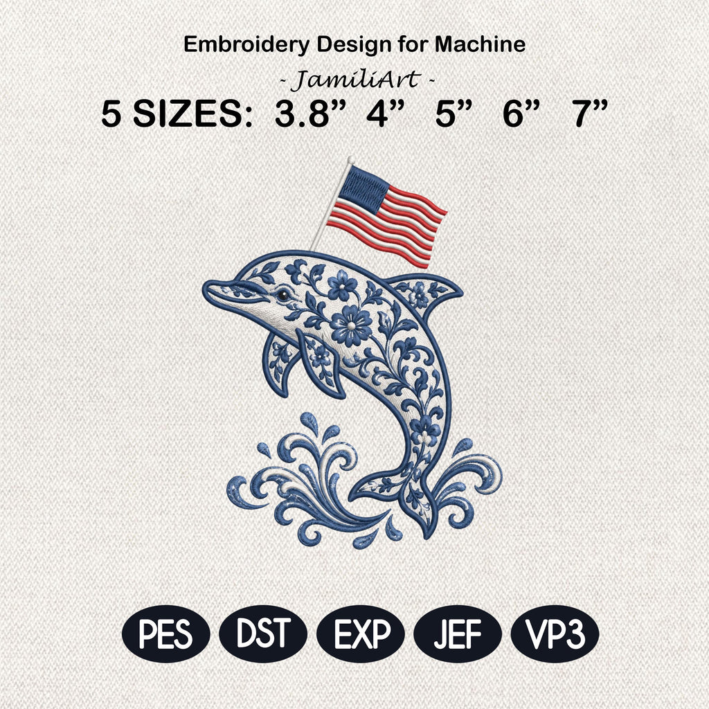 Chinoiserie Dolphin Embroidery Design with USA Flag, Patriotic Coastal Sea Life, 4th of July Machine Embroidery, 5 sizes, Digital Download