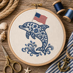 Chinoiserie Dolphin Embroidery Design with USA Flag, Patriotic Coastal Sea Life, 4th of July Machine Embroidery, 5 sizes, Digital Download - image 7