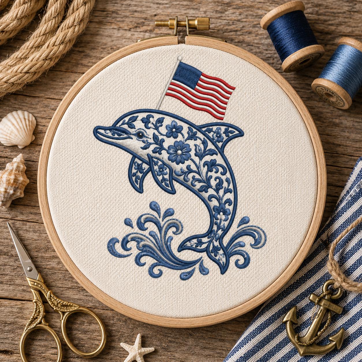 Chinoiserie Dolphin Embroidery Design with USA Flag, Patriotic Coastal Sea Life, 4th of July Machine Embroidery, 5 sizes, Digital Download - image 7