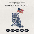 Chinoiserie Owl Embroidery Design with USA Flag, Patriotic Bird Machine Embroidery, 4th of July Animal Embroidery, 5 sizes, Digital Download