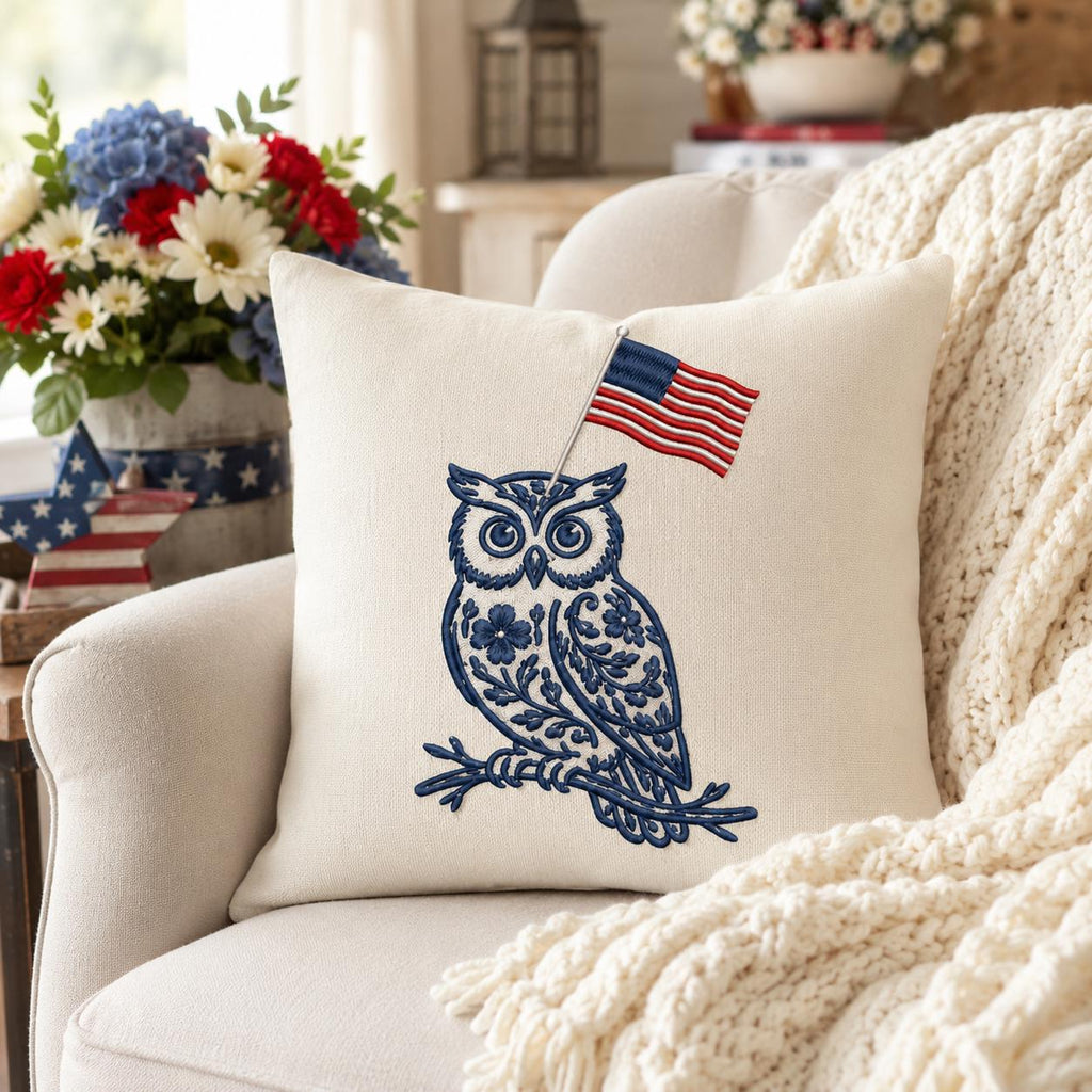 Chinoiserie Owl Embroidery Design with USA Flag, Patriotic Bird Machine Embroidery, 4th of July Animal Embroidery, 5 sizes, Digital Download - image 3