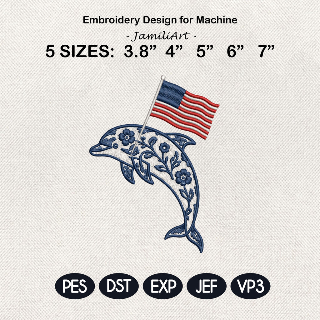 Chinoiserie Dolphin Embroidery Design with USA Flag, Patriotic Nautical Animal Machine Embroidery, 4th of July, 5 sizes, Digital Download