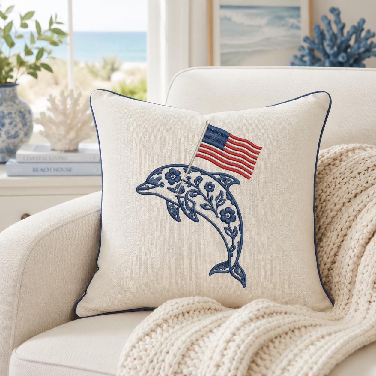 Chinoiserie Dolphin Embroidery Design with USA Flag, Patriotic Nautical Animal Machine Embroidery, 4th of July, 5 sizes, Digital Download - image 3