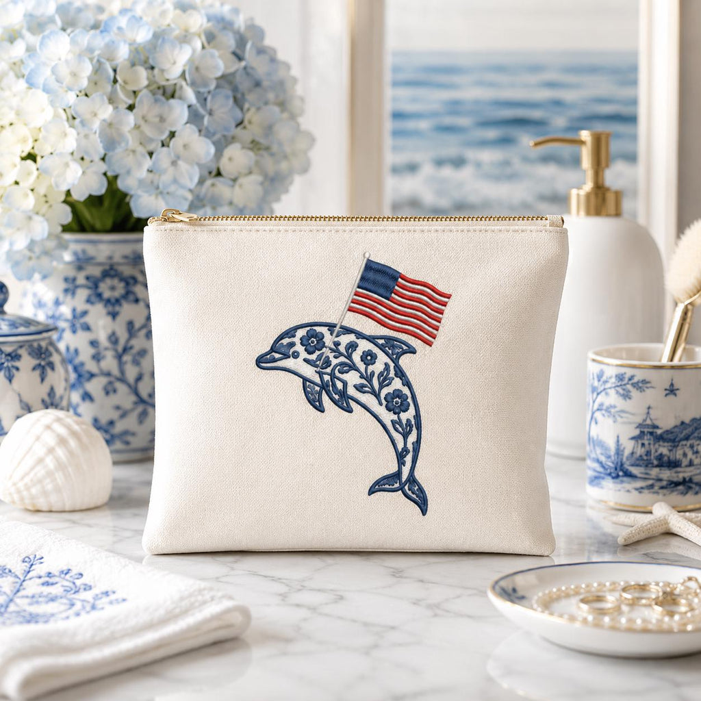 Chinoiserie Dolphin Embroidery Design with USA Flag, Patriotic Nautical Animal Machine Embroidery, 4th of July, 5 sizes, Digital Download - image 7
