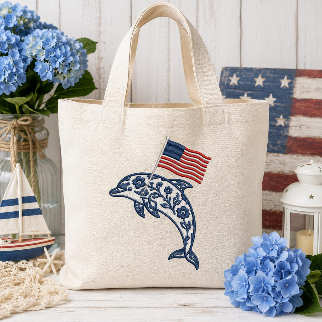 Chinoiserie Dolphin Embroidery Design with USA Flag, Patriotic Nautical Animal Machine Embroidery, 4th of July, 5 sizes, Digital Download - image 4