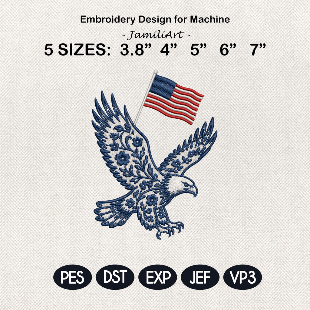 Chinoiserie Eagle Embroidery Design with USA Flag, Patriotic American Bird Machine Embroidery File, 4th of July, 5 sizes, Digital Download