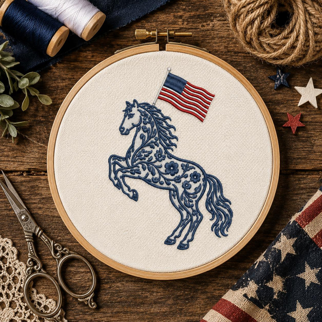 Chinoiserie Horse Embroidery Design with USA Flag, Patriotic Western Animal Machine Embroidery File, 4th of July, 5 sizes, Digital Download - image 7