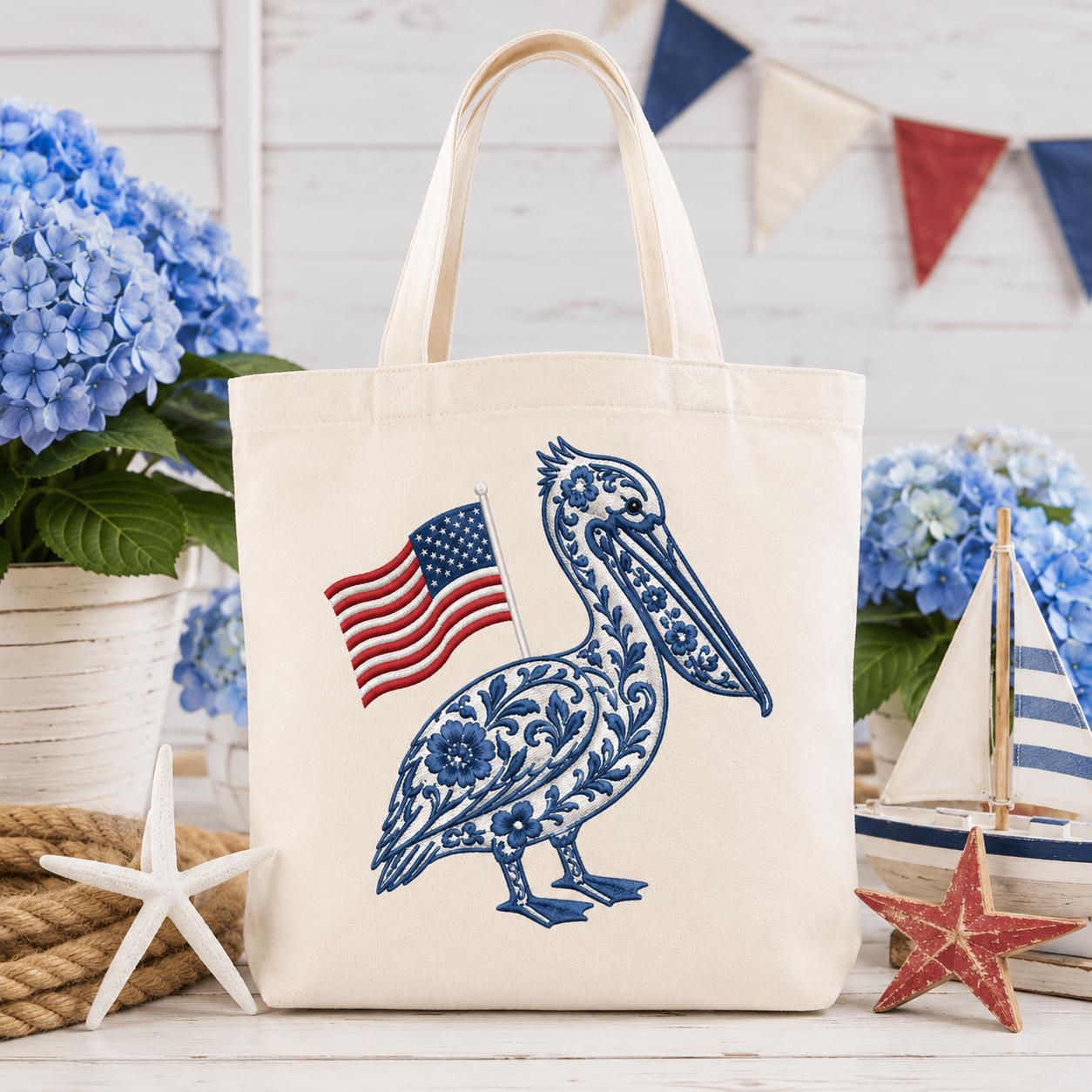 Chinoiserie Pelican Embroidery Design with USA Flag, Patriotic Coastal Bird Machine Embroidery File, 4th of July, 5 sizes, Digital Download - image 4
