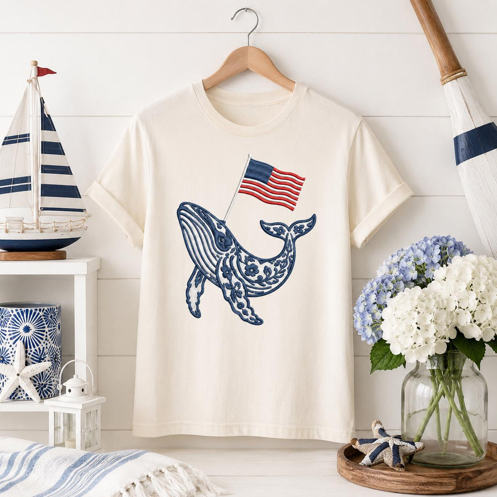Chinoiserie Whale Embroidery Design with USA Flag, Patriotic Nautical Sea Life Machine Embroidery, 4th of July, 5 sizes, Digital Download - image 3