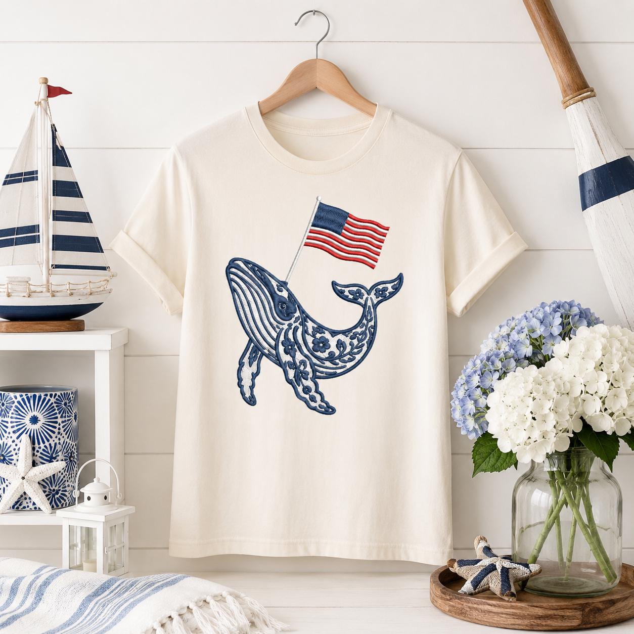 Chinoiserie Whale Embroidery Design with USA Flag, Patriotic Nautical Sea Life Machine Embroidery, 4th of July, 5 sizes, Digital Download - image 3