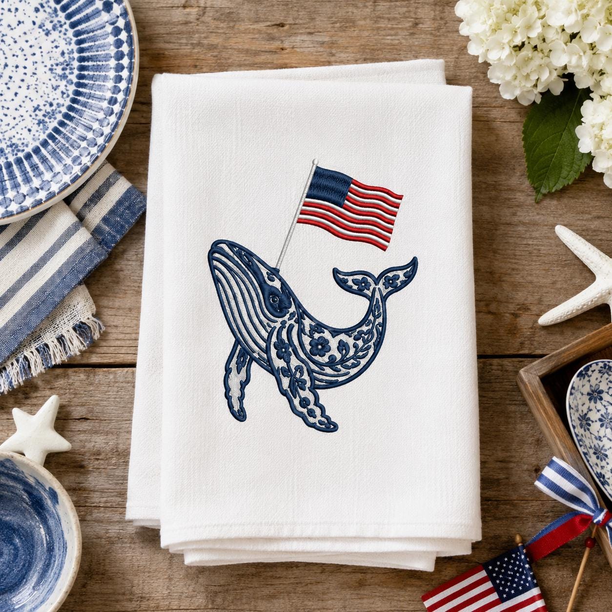 Chinoiserie Whale Embroidery Design with USA Flag, Patriotic Nautical Sea Life Machine Embroidery, 4th of July, 5 sizes, Digital Download - image 6