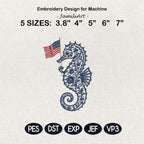 Chinoiserie Seahorse Embroidery Design with USA Flag, Patriotic Coastal Sea Life, 4th of July Machine Embroidery, 5 sizes, Digital Download