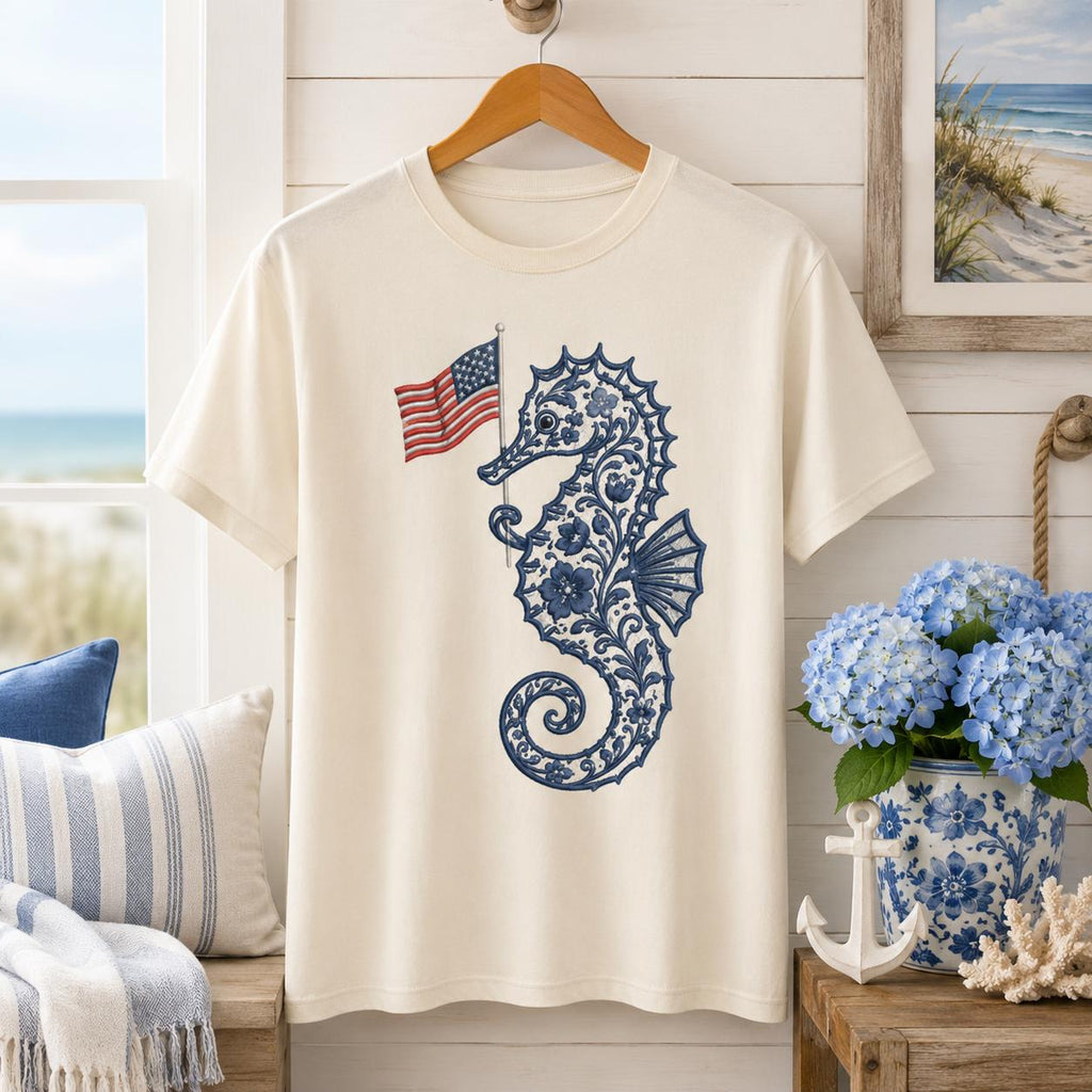 Chinoiserie Seahorse Embroidery Design with USA Flag, Patriotic Coastal Sea Life, 4th of July Machine Embroidery, 5 sizes, Digital Download - image 3