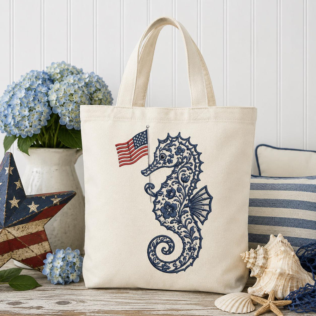 Chinoiserie Seahorse Embroidery Design with USA Flag, Patriotic Coastal Sea Life, 4th of July Machine Embroidery, 5 sizes, Digital Download - image 4