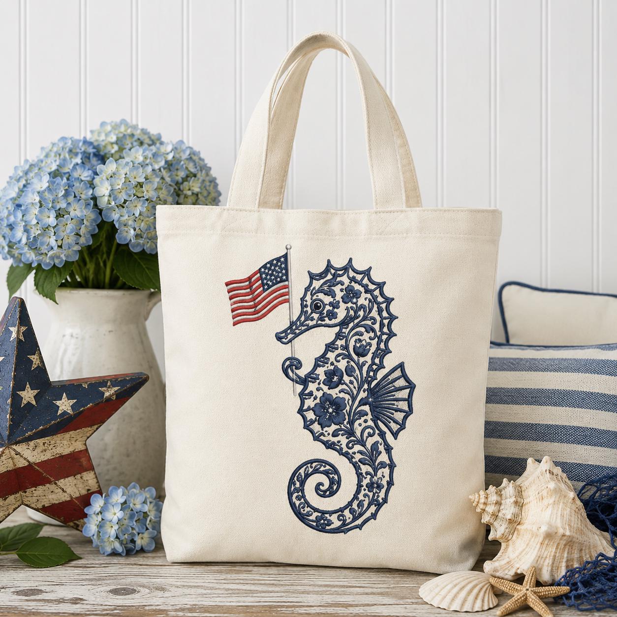 Chinoiserie Seahorse Embroidery Design with USA Flag, Patriotic Coastal Sea Life, 4th of July Machine Embroidery, 5 sizes, Digital Download - image 4