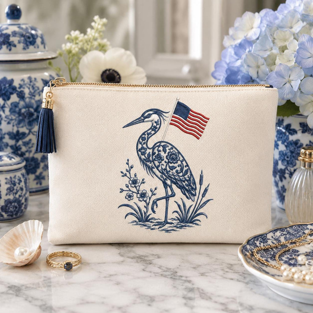 Chinoiserie Heron Embroidery Design with USA Flag, Patriotic Coastal Bird, 4th of July Machine Embroidery File, 5 sizes, Digital Download - image 7