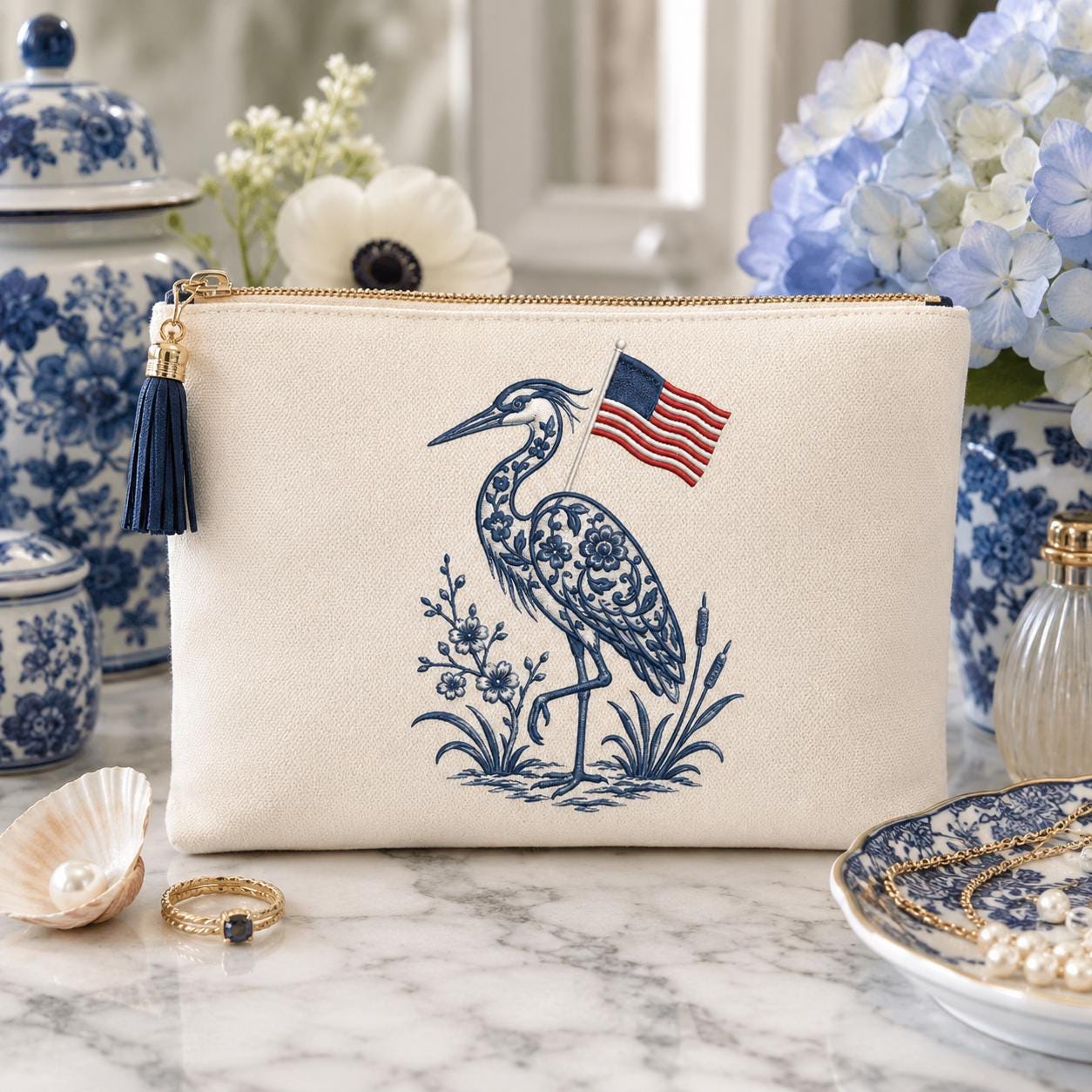 Chinoiserie Heron Embroidery Design with USA Flag, Patriotic Coastal Bird, 4th of July Machine Embroidery File, 5 sizes, Digital Download - image 7