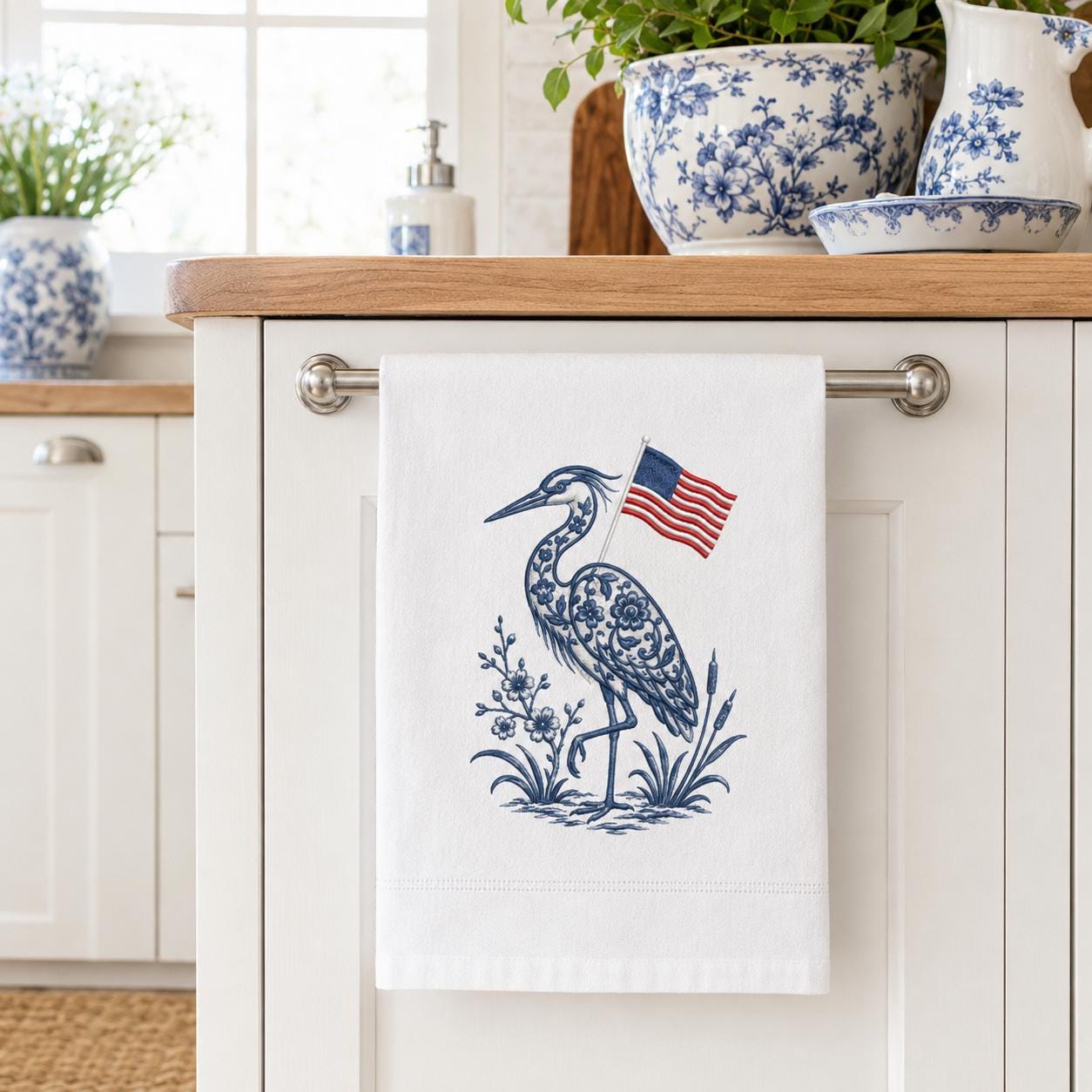 Chinoiserie Heron Embroidery Design with USA Flag, Patriotic Coastal Bird, 4th of July Machine Embroidery File, 5 sizes, Digital Download - image 5