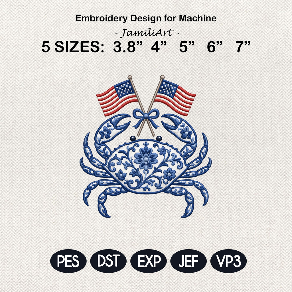 Chinoiserie Crab Embroidery Design with Crossed USA Flags, Patriotic Nautical Sea Life, 4th of July Embroidery, 5 sizes, Digital Download