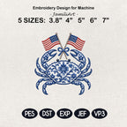 Chinoiserie Crab Embroidery Design with Crossed USA Flags, Patriotic Nautical Sea Life, 4th of July Embroidery, 5 sizes, Digital Download
