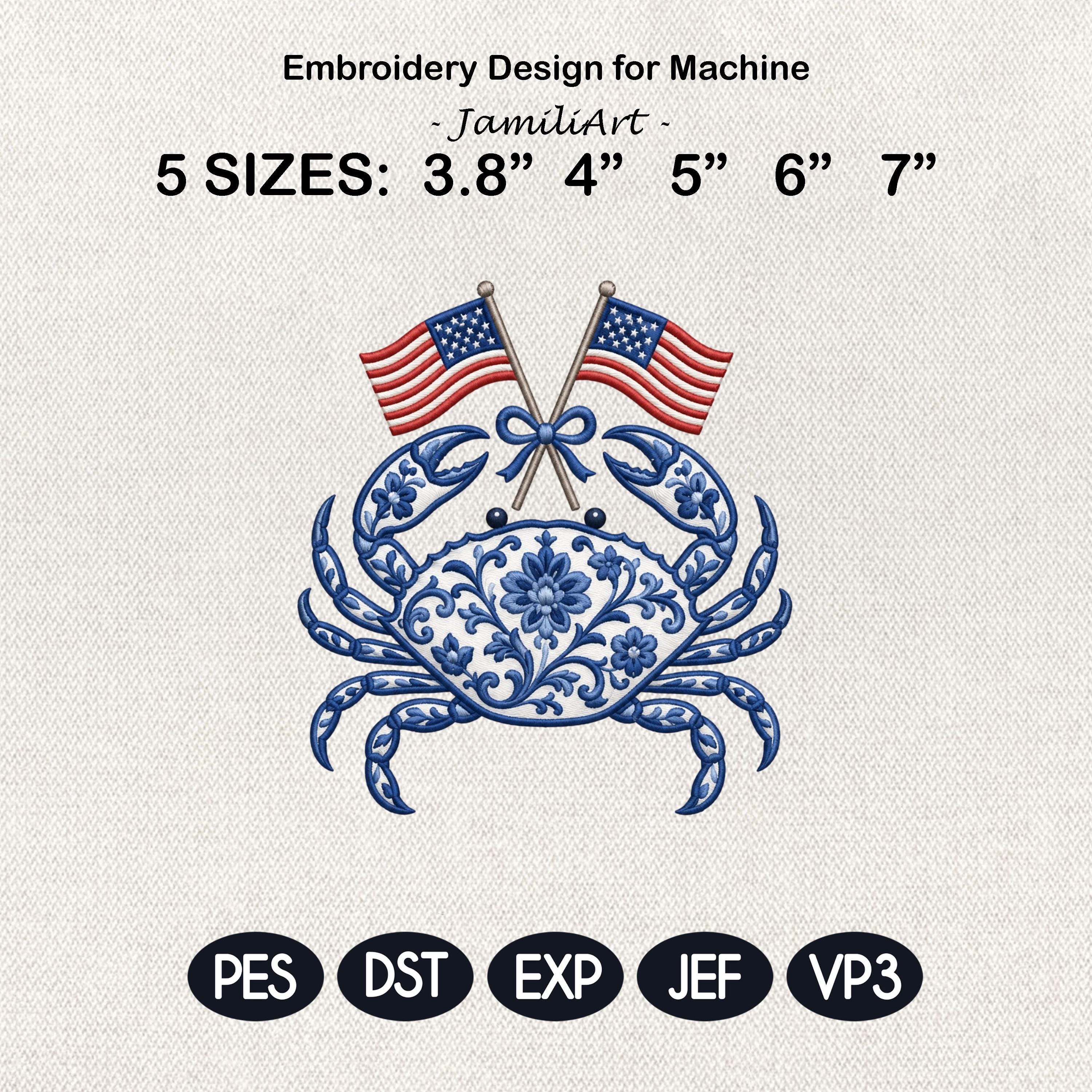Chinoiserie Crab Embroidery Design with Crossed USA Flags, Patriotic Nautical Sea Life, 4th of July Embroidery, 5 sizes, Digital Download