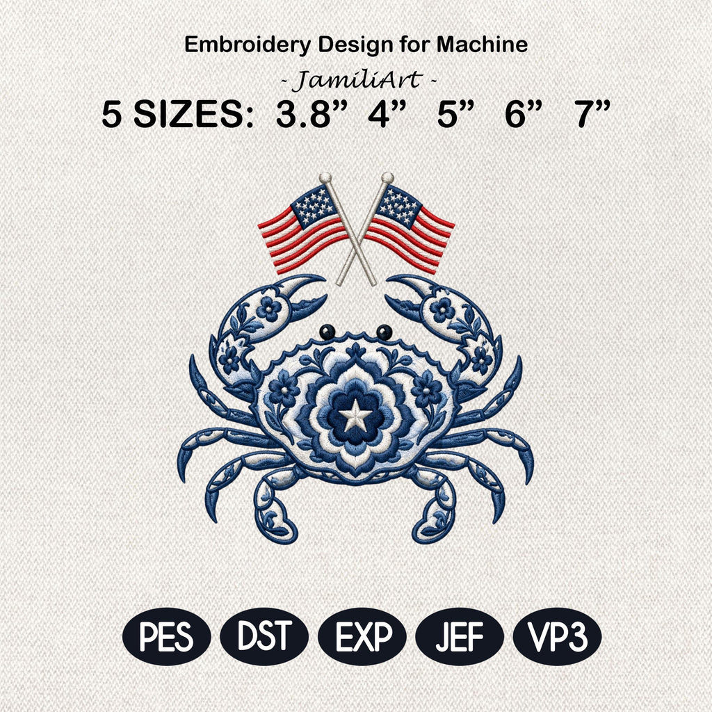 Patriotic Chinoiserie Crab Embroidery Design with USA Flags, Blue Floral Coastal Crab, 4th of July Embroidery, 5 sizes, Digital Download