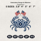 Patriotic Chinoiserie Crab Embroidery Design with USA Flags, Blue Floral Coastal Crab, 4th of July Embroidery, 5 sizes, Digital Download