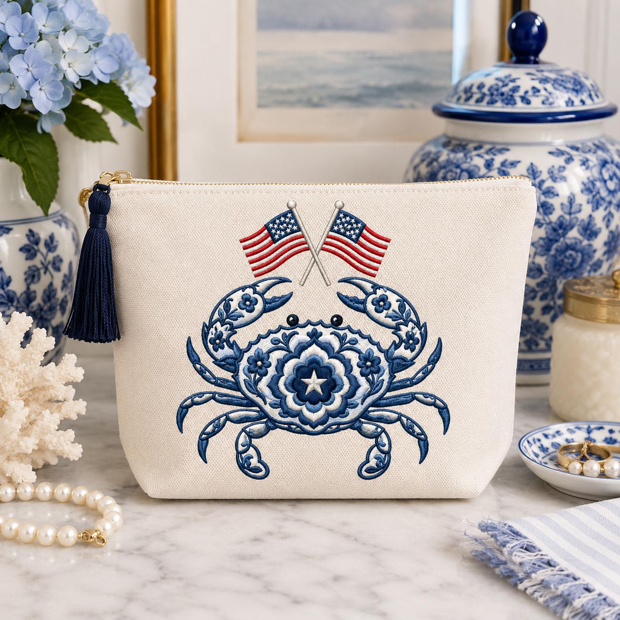 Patriotic Chinoiserie Crab Embroidery Design with USA Flags, Blue Floral Coastal Crab, 4th of July Embroidery, 5 sizes, Digital Download - image 7