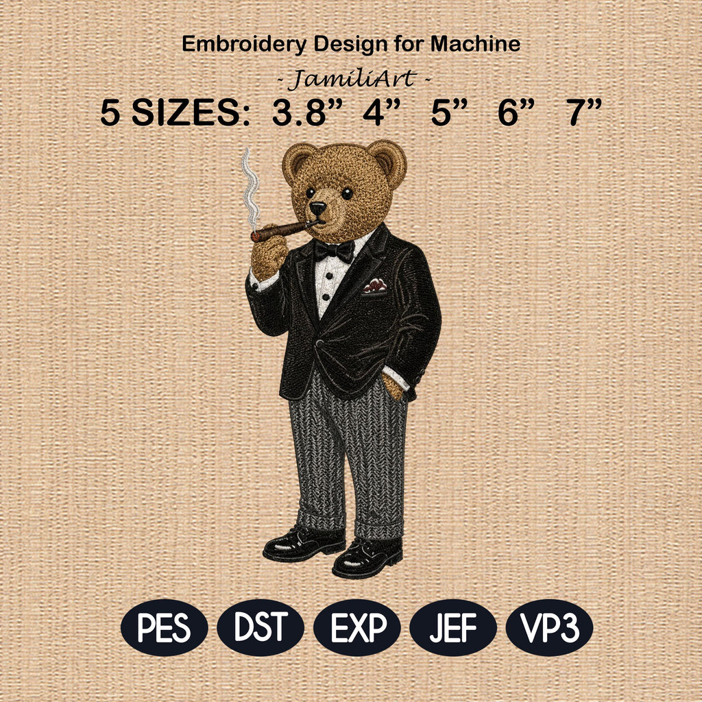 Teddy Bear in Tuxedo Embroidery Design, Gentleman Bear Smoking Cigar, Luxury Bear Machine Embroidery File, 5 sizes, Digital Download