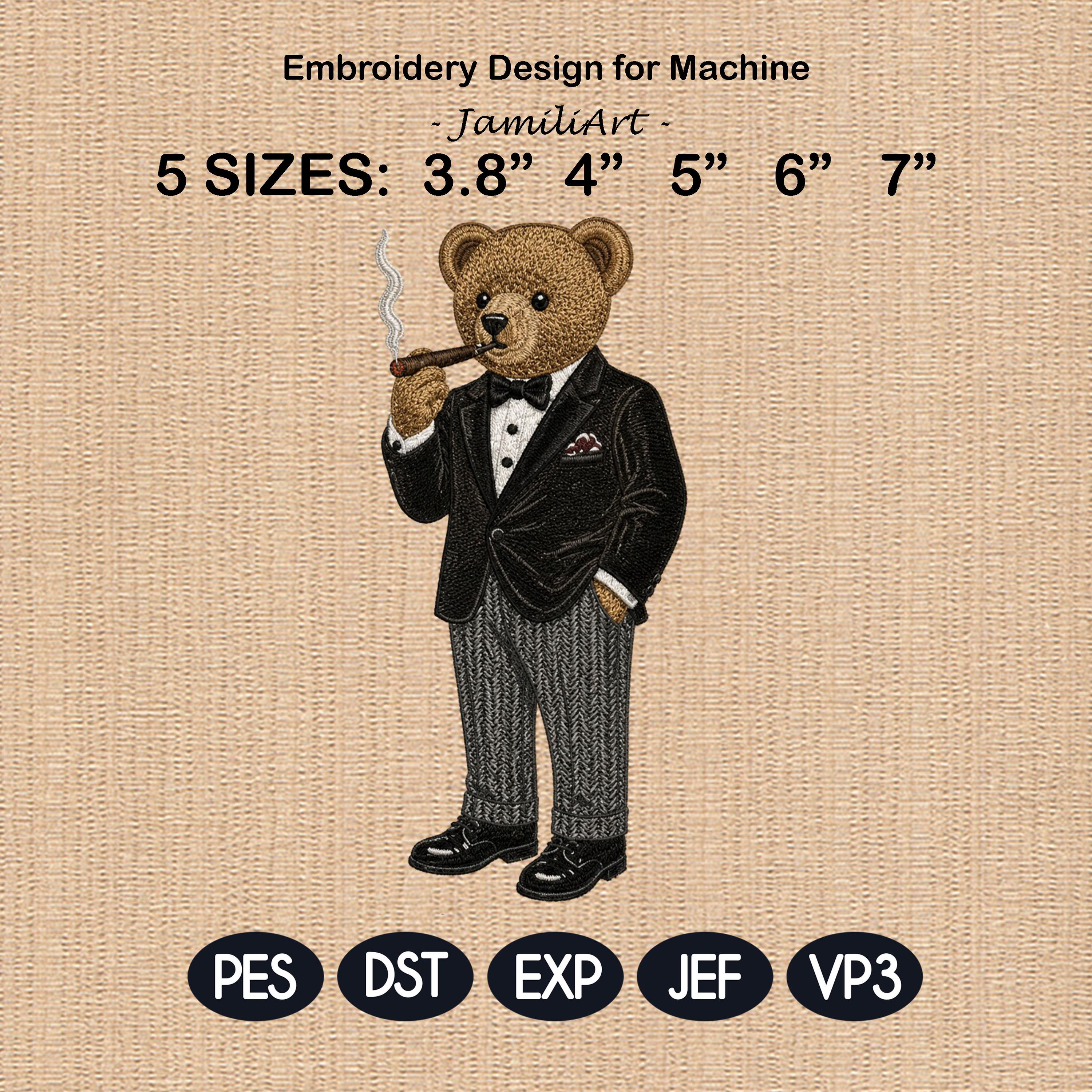 Teddy Bear in Tuxedo Embroidery Design, Gentleman Bear Smoking Cigar, Luxury Bear Machine Embroidery File, 5 sizes, Digital Download