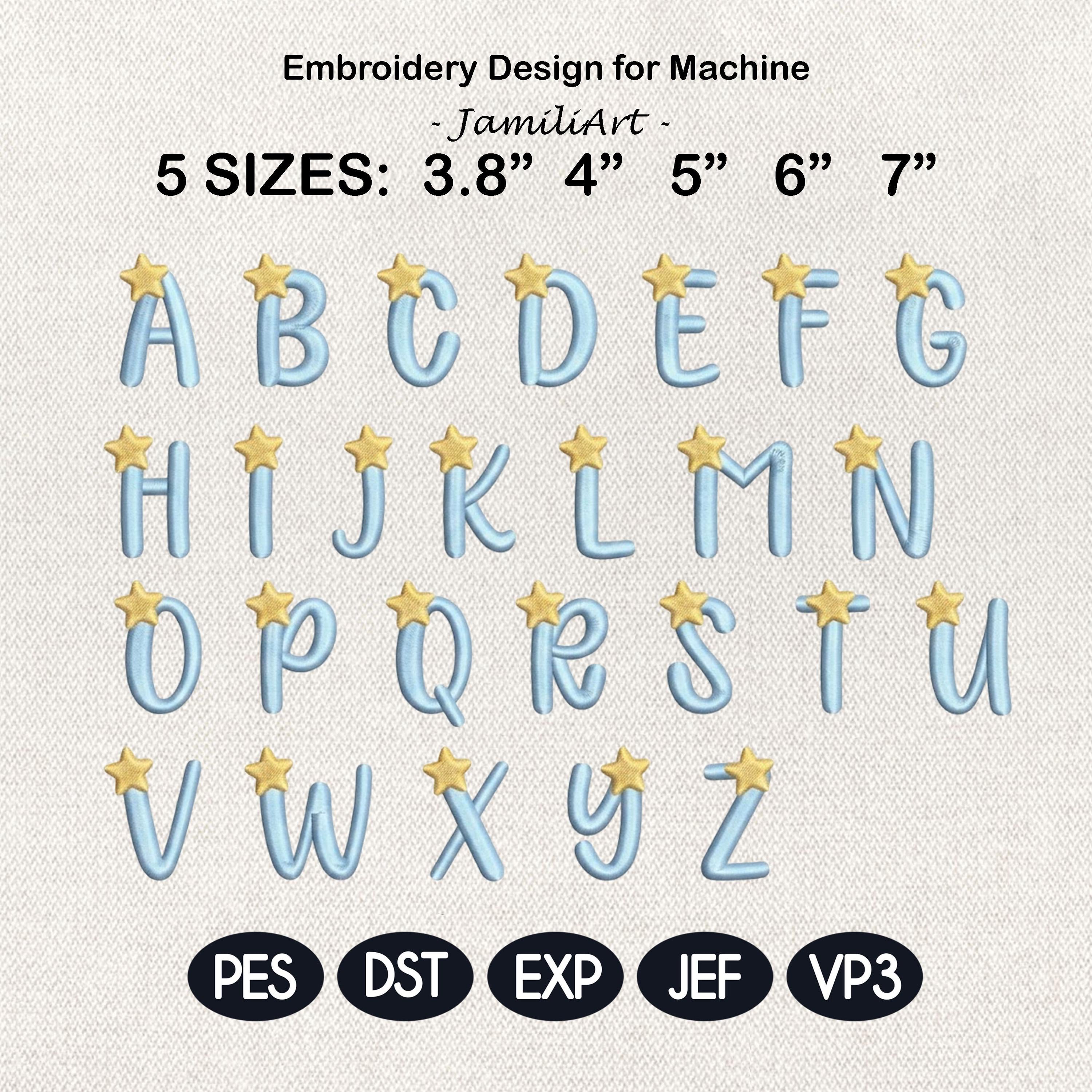Star Monogram Alphabet Embroidery Design, Blue Initial Letters A-Z, Baby Name Machine Embroidery Font, 5 sizes, Digital Download