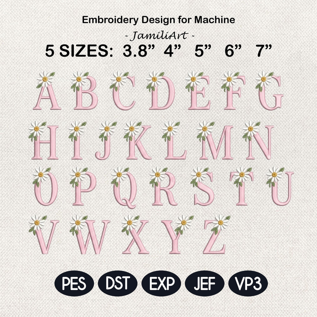 Daisy Monogram Alphabet Embroidery Design, Pink Floral Letters A-Z, Girls Name Machine Embroidery Font, 5 sizes, Digital Download