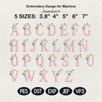 Daisy Monogram Alphabet Embroidery Design, Pink Floral Letters A-Z, Girls Name Machine Embroidery Font, 5 sizes, Digital Download