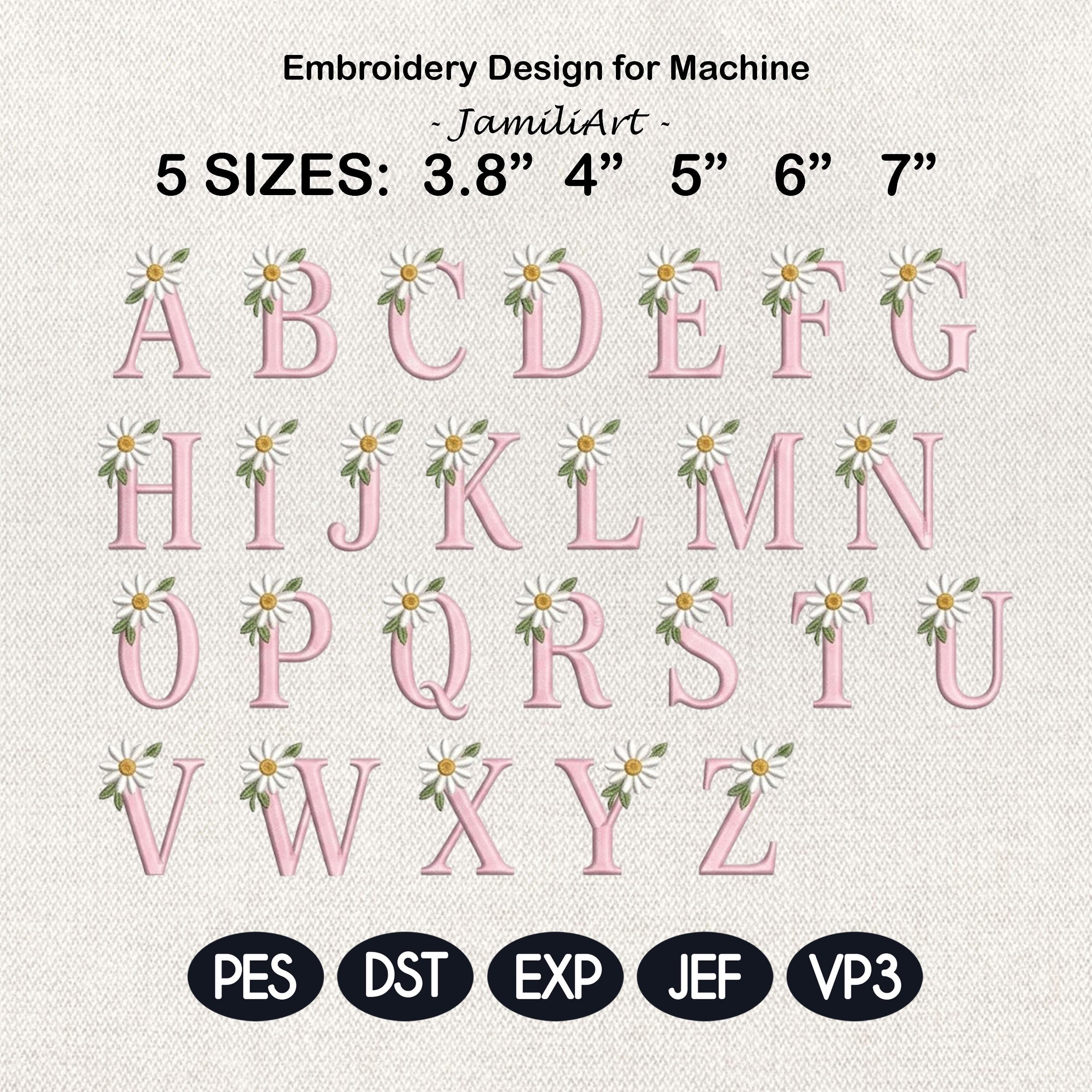 Daisy Monogram Alphabet Embroidery Design, Pink Floral Letters A-Z, Girls Name Machine Embroidery Font, 5 sizes, Digital Download