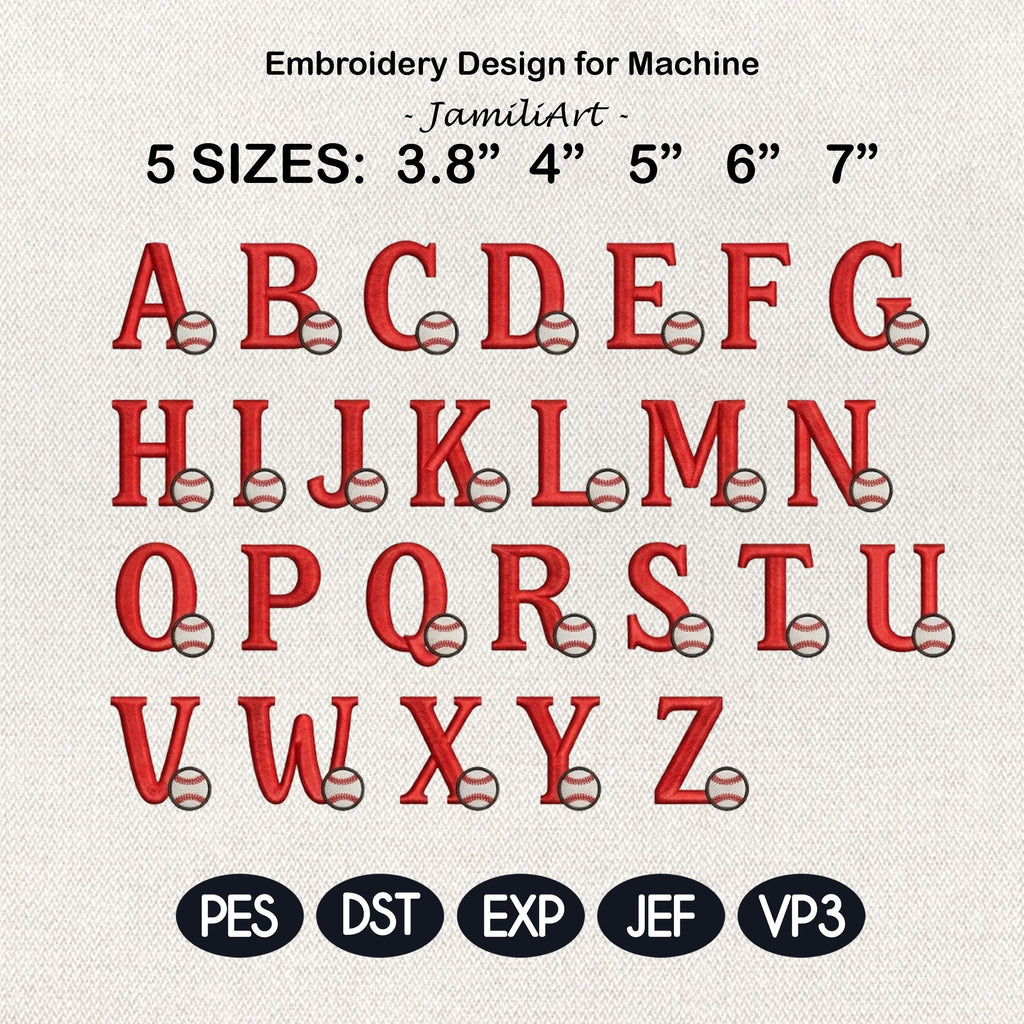 Baseball Monogram Alphabet Embroidery Design, Red Sports Letters A-Z, Boys Name Machine Embroidery Font, 5 sizes, Digital Download