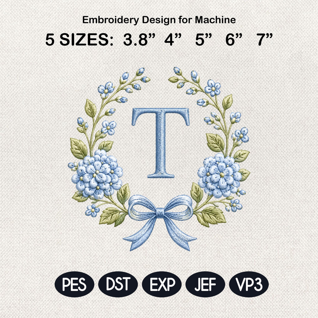 Blue Floral Monogram Alphabet Embroidery Design, Bow Wreath Initial Machine File, A-Z Letters, 5 Sizes, Digital Download - image 4