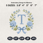Blue Floral Monogram Alphabet Embroidery Design, Bow Wreath Initial Machine File, A-Z Letters, 5 Sizes, Digital Download - image 4