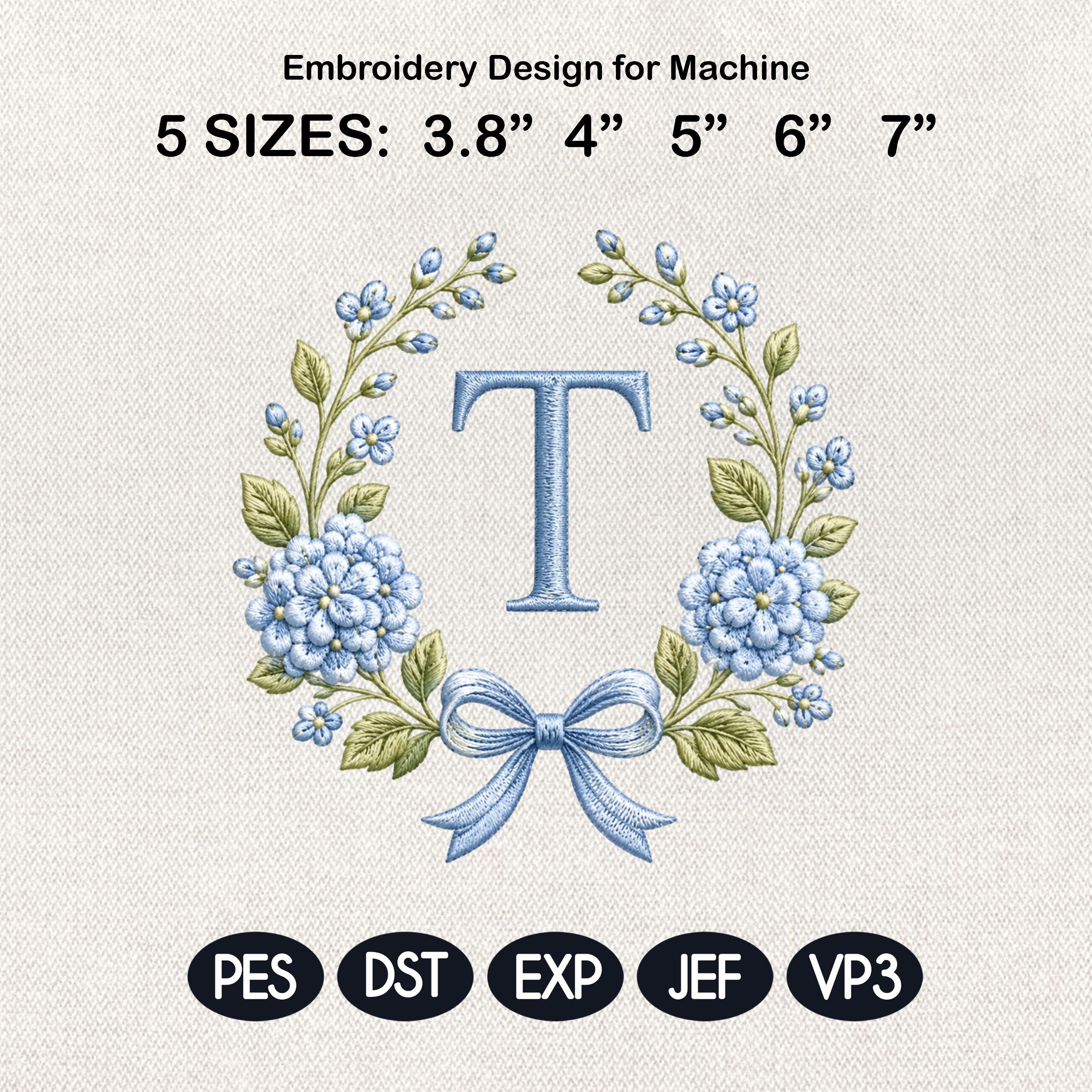 Blue Floral Monogram Alphabet Embroidery Design, Bow Wreath Initial Machine File, A-Z Letters, 5 Sizes, Digital Download - image 4