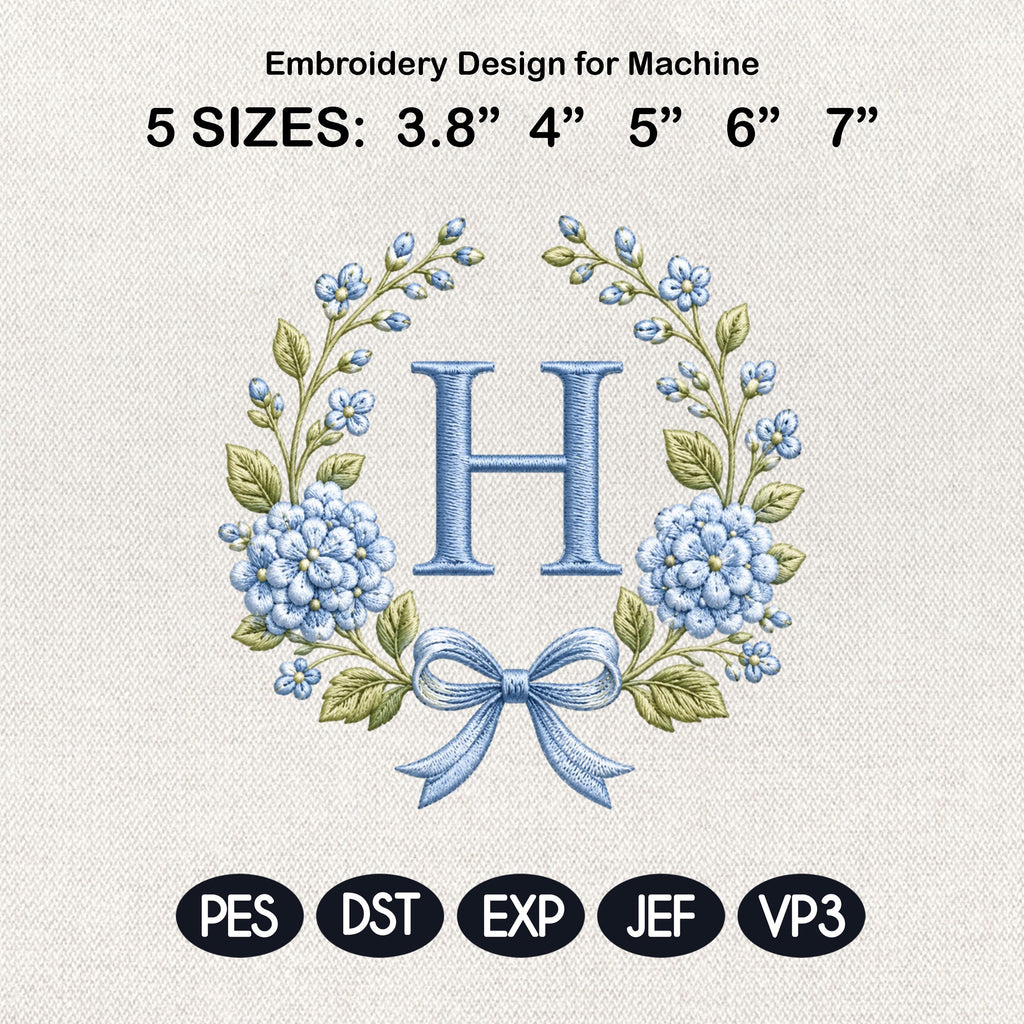 Blue Floral Monogram Alphabet Embroidery Design, Bow Wreath Initial Machine File, A-Z Letters, 5 Sizes, Digital Download - image 3