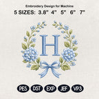 Blue Floral Monogram Alphabet Embroidery Design, Bow Wreath Initial Machine File, A-Z Letters, 5 Sizes, Digital Download - image 3