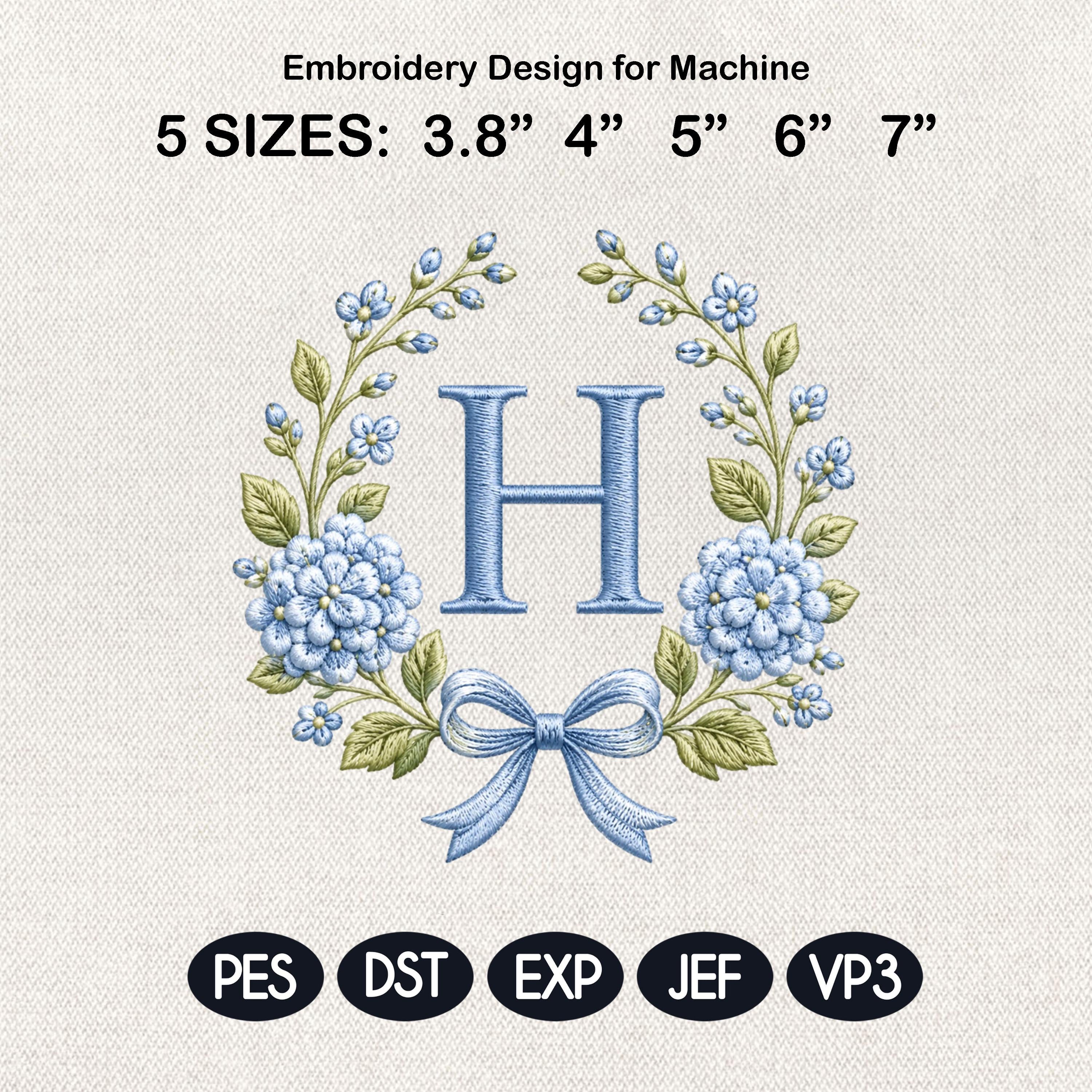 Blue Floral Monogram Alphabet Embroidery Design, Bow Wreath Initial Machine File, A-Z Letters, 5 Sizes, Digital Download - image 3