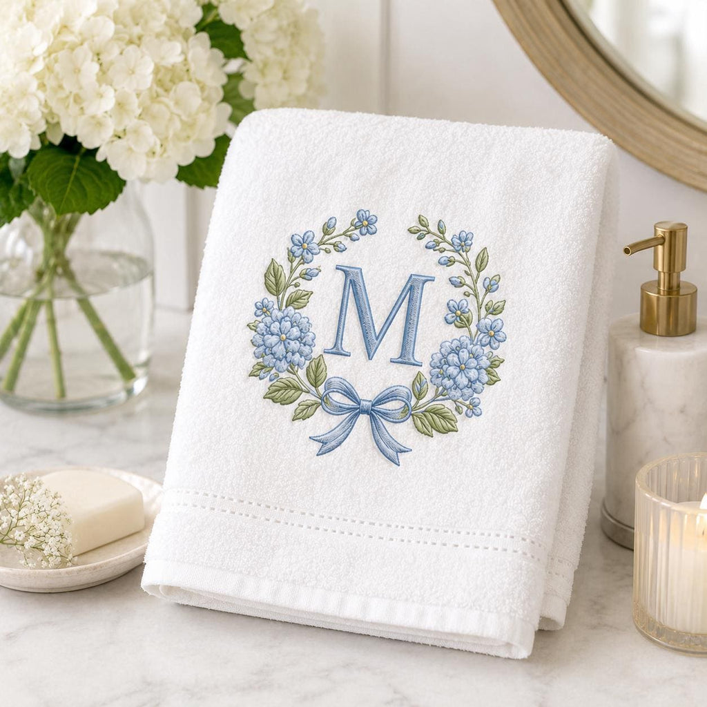 Blue Floral Monogram Alphabet Embroidery Design, Bow Wreath Initial Machine File, A-Z Letters, 5 Sizes, Digital Download - image 7