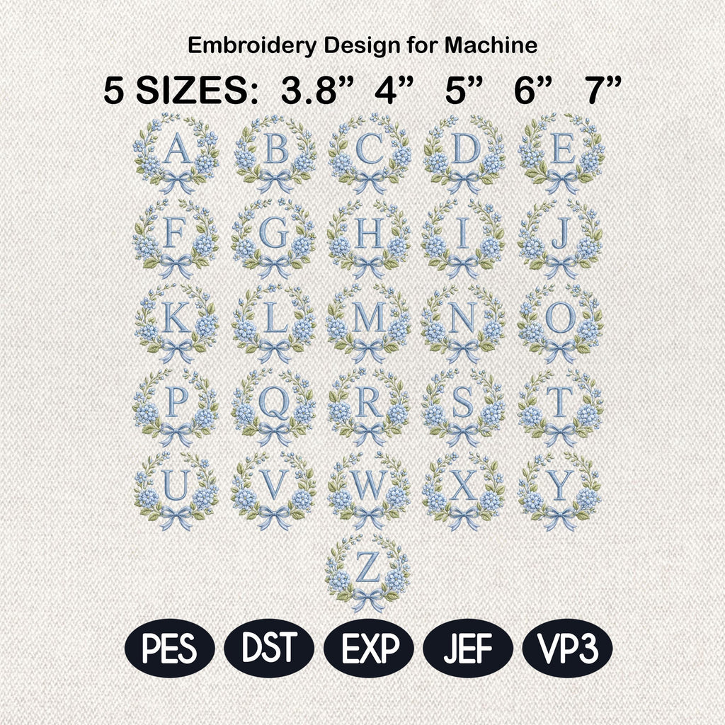 Blue Floral Monogram Alphabet Embroidery Design, Bow Wreath Initial Machine File, A-Z Letters, 5 Sizes, Digital Download
