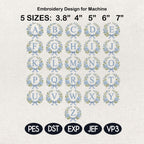 Blue Floral Monogram Alphabet Embroidery Design, Bow Wreath Initial Machine File, A-Z Letters, 5 Sizes, Digital Download