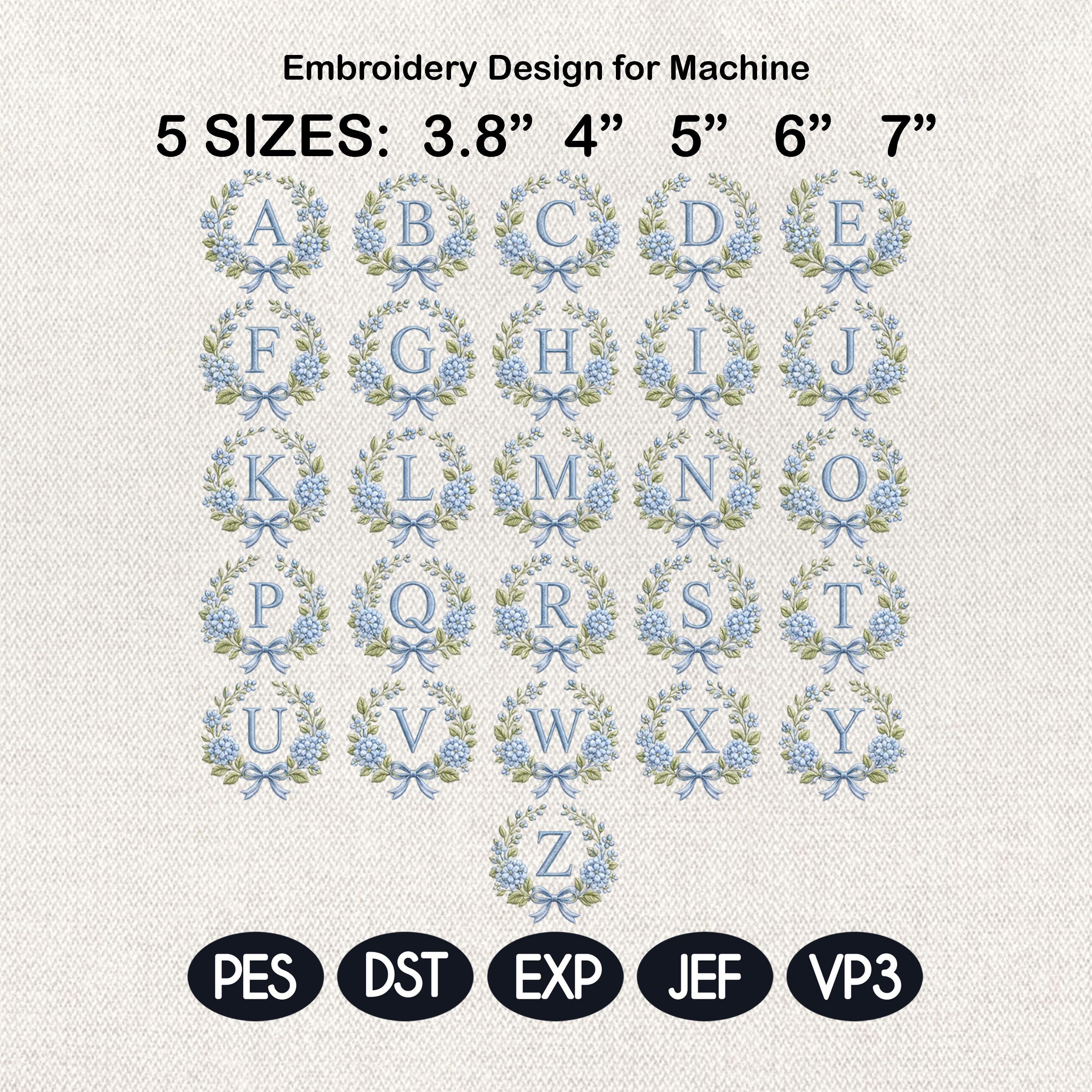 Blue Floral Monogram Alphabet Embroidery Design, Bow Wreath Initial Machine File, A-Z Letters, 5 Sizes, Digital Download